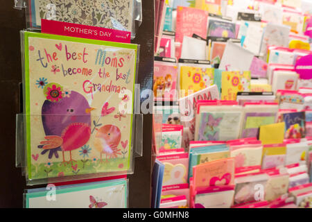 A selection of Mother's Day cards in a store in New York on Friday, April 29, 2016. Mother's Day was first celebrated in the U.S. in 1908 with credit to Anna Jarvis who initiated a campaign to make the day a recognized holiday, which happened in 1914 with Pres. Woodrow Wilson signing a proclamation. Mother's Day this year is May 8th. (© Richard B. Levine) Stock Photo