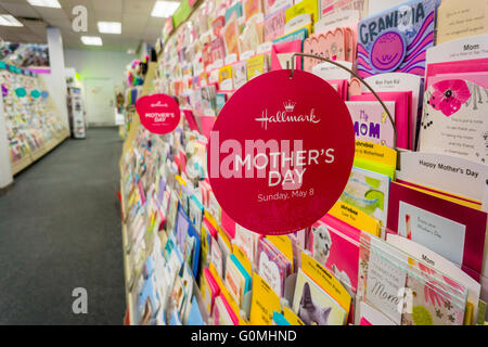 A selection of Hallmark brand Mother's Day cards in a store in New York on Friday, April 29, 2016. Mother's Day was first celebrated in the U.S. in 1908 with credit to Anna Jarvis who initiated a campaign to make the day a recognized holiday, which happened in 1914 with Pres. Woodrow Wilson signing a proclamation. Mother's Day this year is May 8th. (© Richard B. Levine) Stock Photo