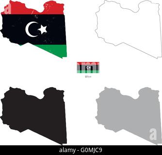 Libya country black silhouette and with flag on background Stock Vector