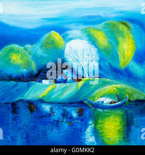 Original oil painting showing lake,boat and house landscape  on canvas. Modern Impressionism, modernism,marinism Stock Photo