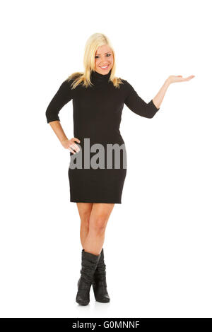 Woman in casual dress in various poses and with different props, isolated on white. Stock Photo