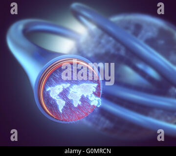 Optical fibers lit in the shape of the world map. 3D image concept of global communication by optical fiber. Stock Photo