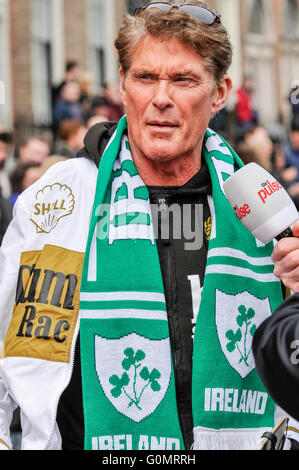 DUBLIN, IRELAND. MAY 01 2016 - David Hasselhoff arrives for the start of the Gumball 3000, on a 6 day drive to Bucharest. Stock Photo