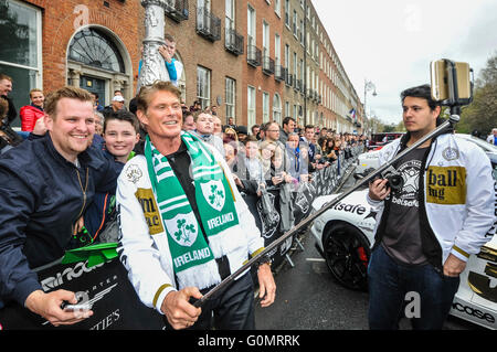 DUBLIN, IRELAND. MAY 01 2016 - David Hasselhoff takes selfies with fans as he arrives for the start of the Gumball 3000, on a 6 day drive to Bucharest. Stock Photo