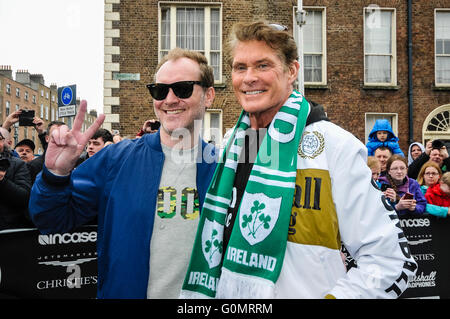 DUBLIN, IRELAND. MAY 01 2016 - David Hasselhoff and Maximillion Cooper arrive for the start of the Gumball 3000, on a 6 day drive to Bucharest. Stock Photo