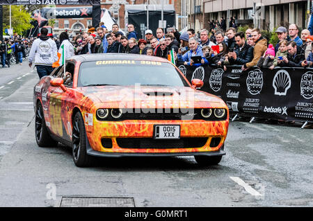 DUBLIN, IRELAND. MAY 01 2016 - A Dodge Charger starts off on a 6 day drive to Bucharest from Dublin as part of the Gumball 3000 rally. Stock Photo