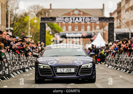 DUBLIN, IRELAND. MAY 01 2016 - An Audi R8 Quattro leaves at the start of the Gumball 3000 to Bucharest Stock Photo