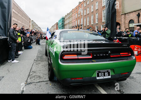 DUBLIN, IRELAND. MAY 01 2016 - A Dodge Charger starts the 6 day drive to Bucharest from Dublin as it competes in the Gumball 3000 rally. Stock Photo