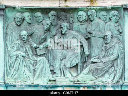 Eminent Victorians depicted in bas-relief around the base of the Victoria Monument in Dalton Square Lancaster Stock Photo