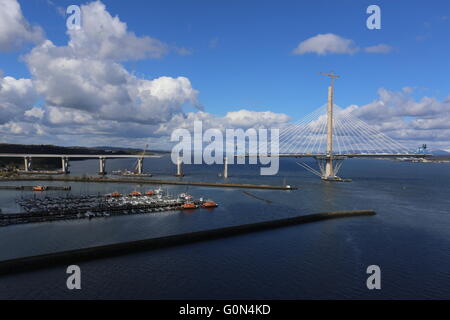 Port Edgar and south tower of Queensferry Crossing during construction Scotland  April 2016 Stock Photo