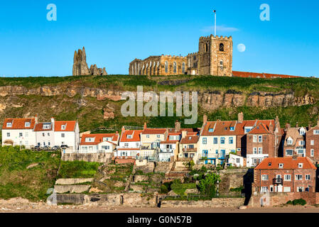Whitby Abbey, St. Mary's church and the old town from the bandstand Stock Photo