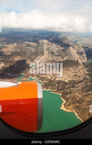 Easyjet airplane engine in flight over Spain on the Southend to Malaga route, Spain, Europe Stock Photo