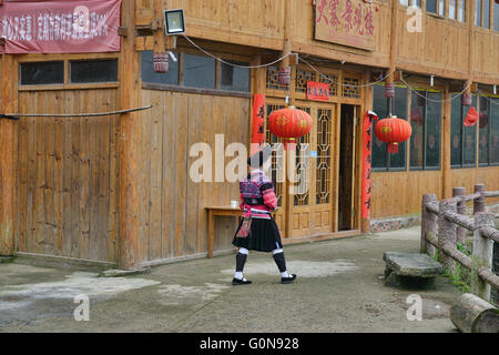 Traditional Yao lodge and house, Dazhai, Guangxi Autonomous Region, China Stock Photo