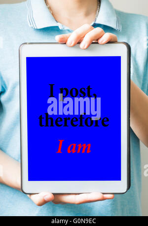 Woman hands holding digital tablet with social media message, stock photo Stock Photo
