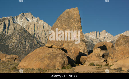 Mt. Whitney (right,background) and Sierra Nevada crest from Alabama Hills, Owens Valley, California Stock Photo