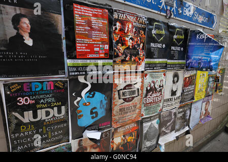 Fly posters advertising local events in English and Spanish on a wall ...