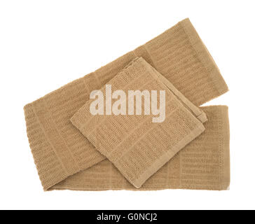 Top view of a kitchen dish cloth plus a towel isolated on a white background. Stock Photo
