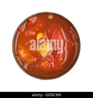 Top view of an opened can of corn, okra and stewed tomatoes in water with seasonings isolated on a white background. Stock Photo