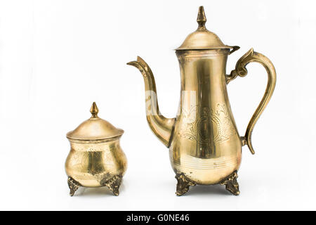 Antique silver teapot and sugar bowl isolated on white Stock Photo