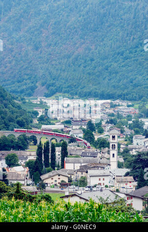 Europe, Switzerland, Graubunden, Val Poschiavo, Brusio, circular railway viaduct Stock Photo