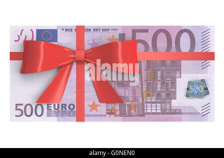 Wad of 500 Euro banknotes with red bow, gift concept. 3D rendering Stock Photo