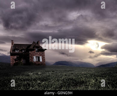 Apocalyptic Halloween scenery with old house Stock Photo