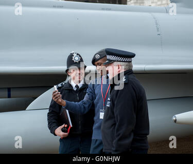 Ahead of the 2018 centenary, the RAF museum displays three iconic aircraft, The WWI Sopwith Snipe, WWII Spitfire and the modern day Eurofighter Typhoon jet, in London’s Horse Guards Parade. The museum is currently preparing for a major revamp at its site in Colindale. RAF fighter pilot and world land speed record holder, Andy Green posed by a Typhoon jet. Green plans to beat his own land speed record using a Eurofighter Typhoon jet engine.  Featuring: Eurofighter Typhoon Where: London, United Kingdom When: 01 Apr 2016 Stock Photo