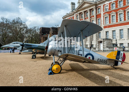 Ahead of the 2018 centenary, the RAF museum displays three iconic aircraft, The WWI Sopwith Snipe, WWII Spitfire and the modern day Eurofighter Typhoon jet, in London’s Horse Guards Parade. The museum is currently preparing for a major revamp at its site in Colindale. RAF fighter pilot and world land speed record holder, Andy Green posed by a Typhoon jet. Green plans to beat his own land speed record using a Eurofighter Typhoon jet engine.  Featuring: Sopwith Snipe Where: London, United Kingdom When: 01 Apr 2016 Stock Photo