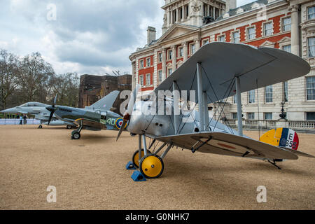 Ahead of the 2018 centenary, the RAF museum displays three iconic aircraft, The WWI Sopwith Snipe, WWII Spitfire and the modern day Eurofighter Typhoon jet, in London’s Horse Guards Parade. The museum is currently preparing for a major revamp at its site in Colindale. RAF fighter pilot and world land speed record holder, Andy Green posed by a Typhoon jet. Green plans to beat his own land speed record using a Eurofighter Typhoon jet engine.  Featuring: Sopwith Snipe Where: London, United Kingdom When: 01 Apr 2016 Stock Photo