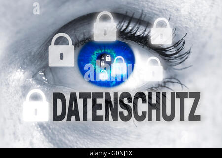 datenschutz (in german data protection) eye looks at viewer concept. Stock Photo