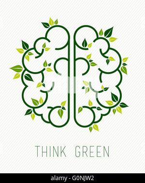 Think green concept design, simple human brain in line art style with nature elements and plant leaves. EPS10 vector. Stock Vector