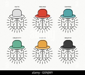 Six thinking hats brainstorming concept design, human brains wearing colorful hat in line art style. EPS10 vector. Stock Vector