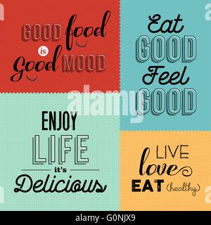 Set of vintage food quotes in colorful designs ideal for restaurant or gourmet business. EPS10 vector. Stock Vector