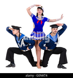 dancer team dressed as a sailors posing on an isolated white background Stock Photo