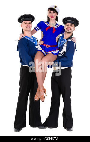 dancer team dressed as a sailors posing on an isolated white background Stock Photo