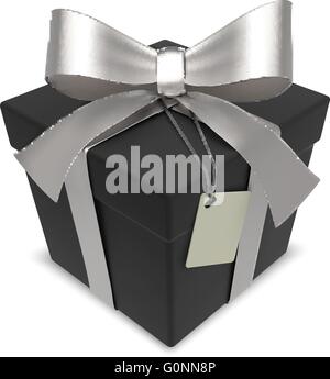 Matte Black Gift Box with Silver Ribbons. Blank Label for Copy Space. Stock Vector