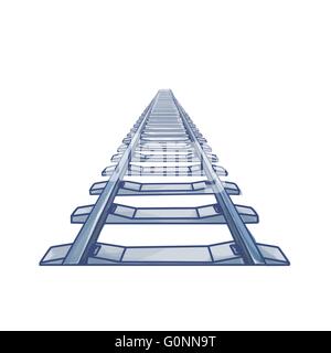 Perspective view of straight Train track. Blue colored and outlines. Stock Vector