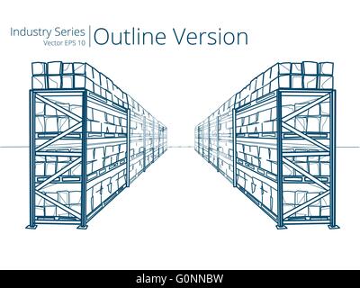 Vector illustration of Warehouse Shelves, Outline Series. Stock Vector