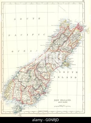 SOUTH ISLAND NEW ZEALAND. Showing counties. Telegraph cables. JOHNSTON, 1899 map Stock Photo