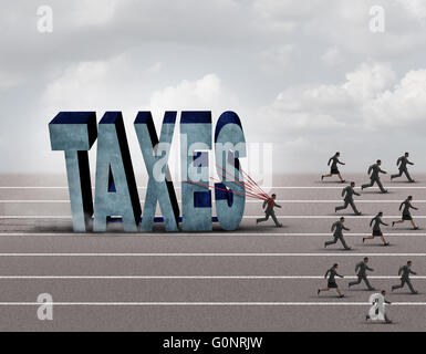 Tax burden business concept as a slow burdened taxpayer pulling a heavy rock shaped as a 3D illustration taxes text as other people run on a path Stock Photo