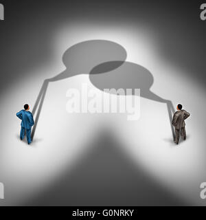 Business communication network as a word bubble shadow group connecting together talking and having an exchange of ideas as a  two businesspeople in a conversation in a 3D illustration style. Stock Photo