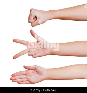 Hands showing the symbols rock paper scissors for a hand game Stock Photo