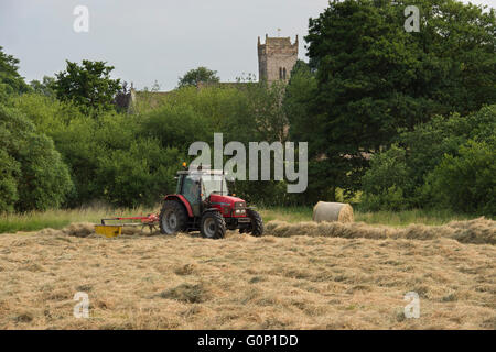 Silage making - Red farm tractor pulling a single-rotor rake working in a field at Great Ouseburn, North Yorkshire, England. Stock Photo