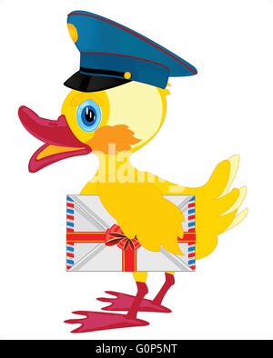 Duckling postman with envelope on white background is insulated Stock Vector