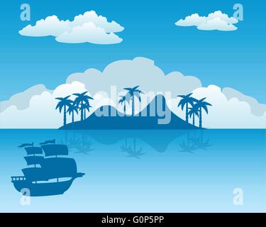 Sailing ship beside coast of the tropical island Stock Vector