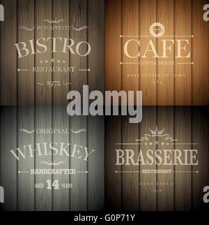 Bistro, cafe, brasserie and whiskey emblem templates on wooden background. Vector illustration. Stock Vector