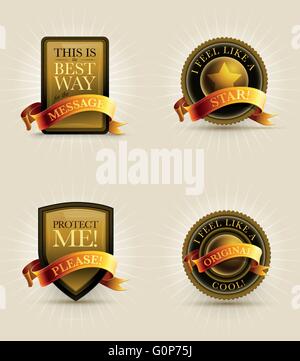 Gold and black badge and banner set with ribbon. Elements are layered separately in vector file. Stock Vector