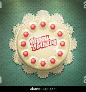 Vector big cake with cream and cherries. With copy space for your text. View from above Stock Vector