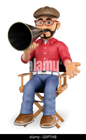 3d show business people. Film director sitting in his chair with a megaphone. Isolated white background. Stock Photo