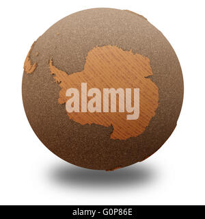 Antarctica on 3D model of wooden planet Earth with oceans made of cork ...